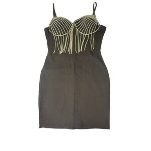 Haute Monde Black Rhinestone Fringe Bodycon Mini Dress Size L